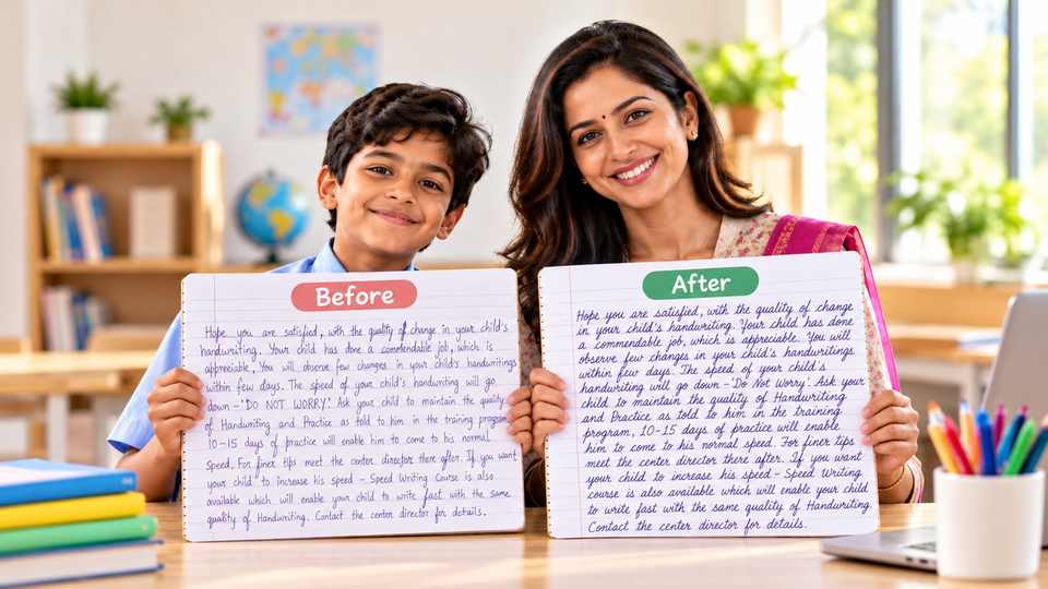 A student and his Write Right trainer holding up Before and After handwriting samples side by side
