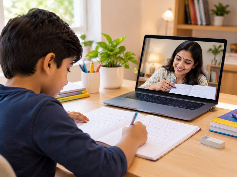 A student writing in his notebook at home while his Write Right trainer guides him one-to-one on a laptop screen