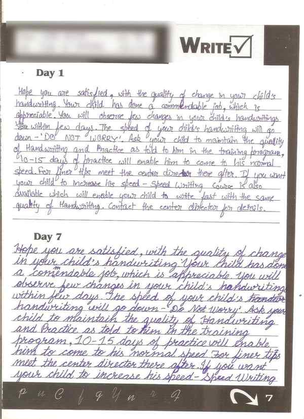 Ojas Gupta, Age 11 · Class VI — English cursive · Day 1 and Day 7 handwriting sample