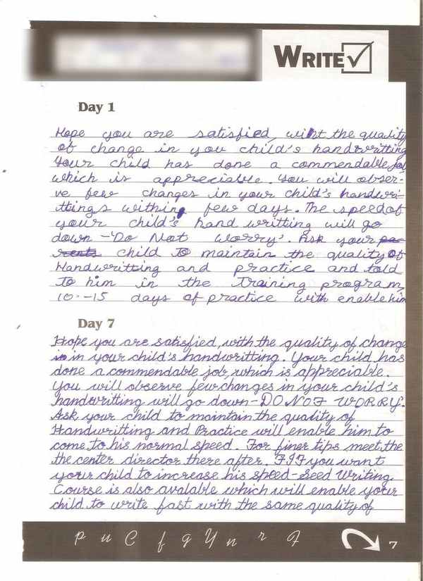 Adhyan Jain, Age 11 — English cursive · Day 1 and Day 7 handwriting sample