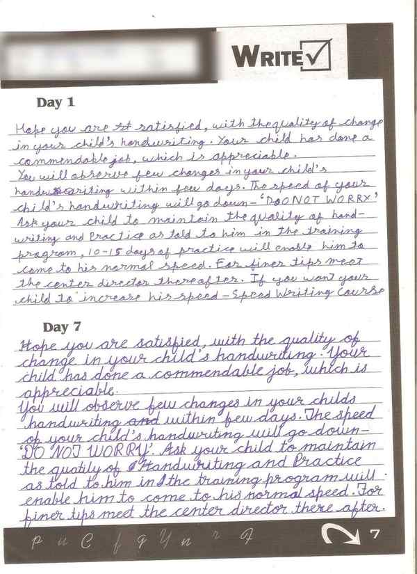 Aditya Singh, Age 13 — English cursive · Day 1 and Day 7 handwriting sample