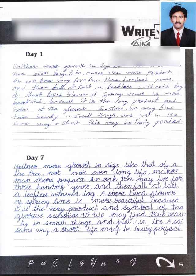 Zaheer Basha, Age 24 · BUMS — English cursive handwriting sample, Day 1 and Day 7